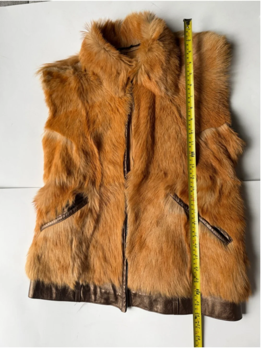 Vintage Genuine Fur Leather Trim Vest Brown Caramel Statement Gilet